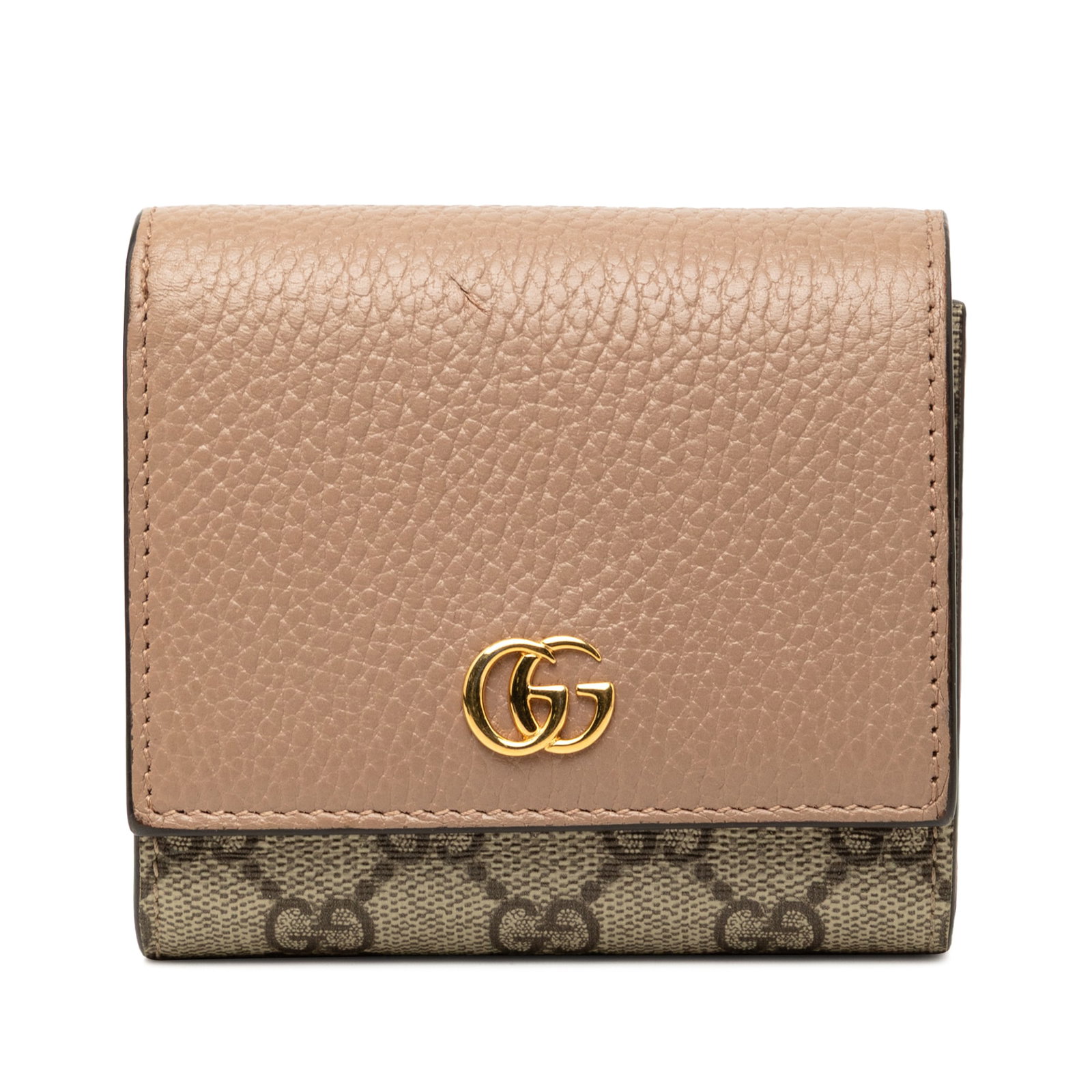 Gucci GG Marmont Bicolor Wallet in Calfskin and GG Supreme: Gucci GG Marmont Bicolor Wallet in Calfskin and GG Supreme Gucci Bicolor GG Marmont wallet crafted with a coated canvas and leather body. It features a front leather flap with snap button closure, alo