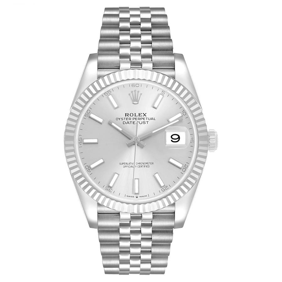 Rolex 126334 Datejust mens watch silver index dial Jubilee bracelet card: Rolex 126334 Datejust mens watch silver index dial Jubilee bracelet card Rolex Datejust wristwatch featuring a silver index dial, fluted bezel, and D-Link Jubilee bracelet. This men's watch is referen