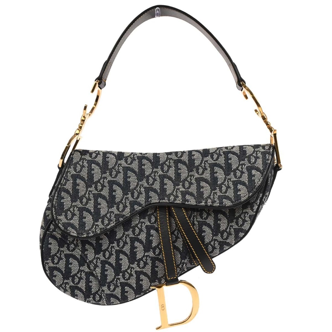 Dior Saddle Shoulder Bag Navy Trotter Canvas Leather Medium: Dior Saddle Shoulder Bag Navy Trotter Canvas Leather Medium Christian Dior Trotter Saddle handbag in navy canvas and leather. This medium shoulder bag features the signature saddle silhouette, a shoul