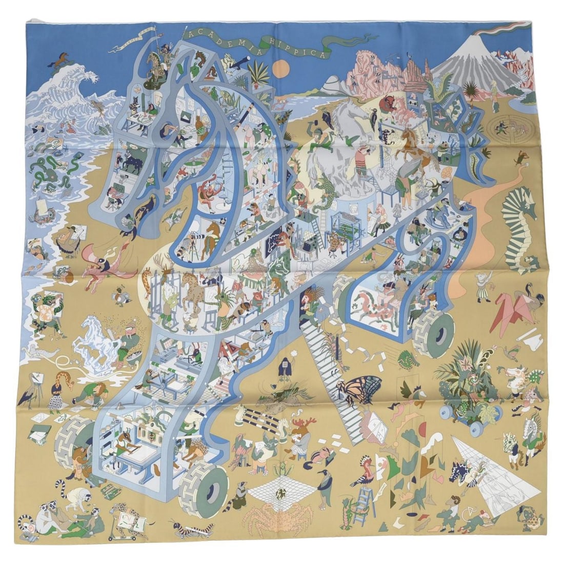 Hermes Academia Hippica Silk Scarf 35 in Boxed: Hermes Academia Hippica Silk Scarf 35 in Boxed Hermes "Academia Hippica" scarf designed by Jan Bajtlik, crafted in 100% silk with hand-rolled edges. Presented in the original box. Condition is un-used
