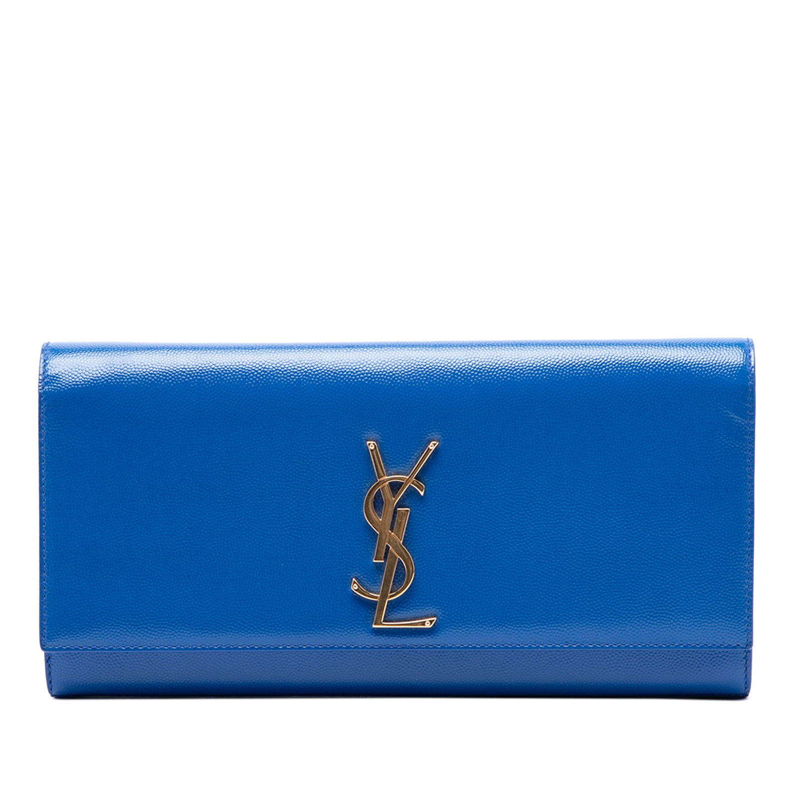 Blue Leather Flap Clutch Saint Laurent Grain De Poudre Cassandre: Blue Leather Flap Clutch Saint Laurent Grain De Poudre Cassandre Saint Laurent Grain De Poudre Monogram Cassandre clutch in blue leather with a front flap, magnetic snap closure, and an interior slip 