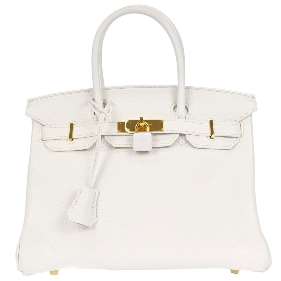 HERMES Birkin 30 White Taurillon Clemence Top Handle Bag: HERMES Birkin 30 White Taurillon Clemence Top Handle Bag Hermes Birkin 30 top handle handbag in white Taurillon Clemence leather with double handles, a turn lock flap closure, and silver-color hardwar