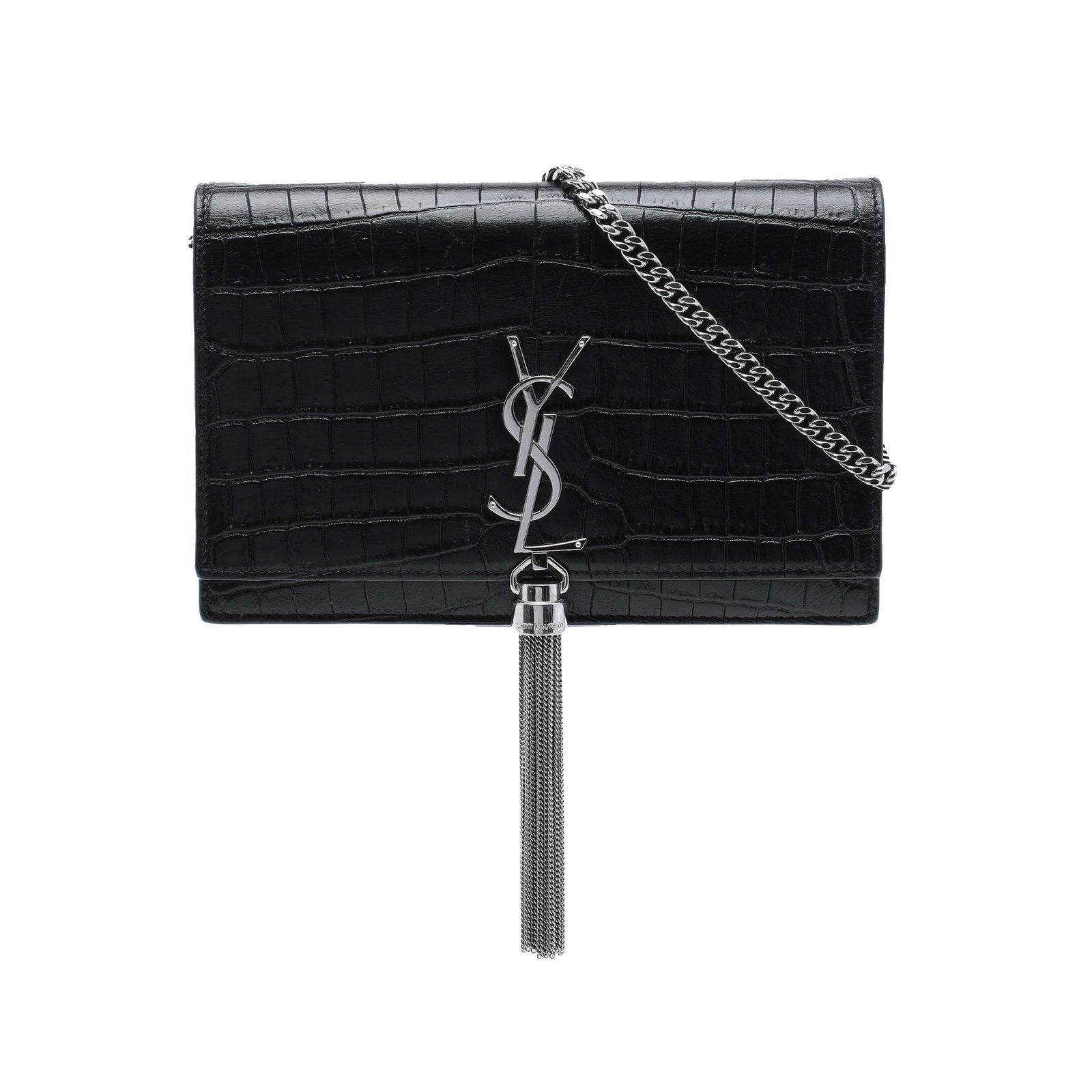 Saint Laurent Kate Tassel Wallet on Chain Black Croc Embossed Leather: Saint Laurent Kate Tassel Wallet on Chain Black Croc Embossed Leather A Saint Laurent Kate wallet on chain in black croc embossed leather with the Monogram tassel design. It features a front flap with