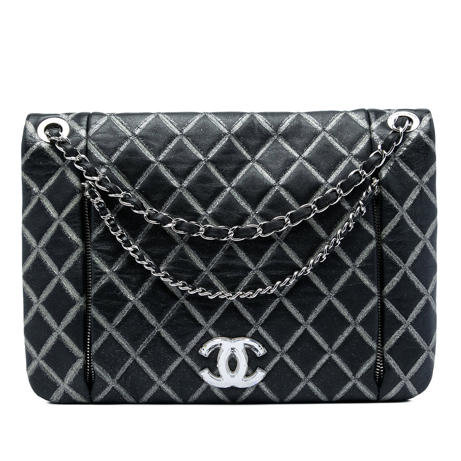 Chanel CC Crystal Flap Crossbody Quilted Distressed Lambskin: Chanel CC Crystal Flap Crossbody Quilted Distressed Lambskin Chanel crossbody bag in black quilted metallic distressed lambskin with a leather-woven chain strap. The design features a front flap with 