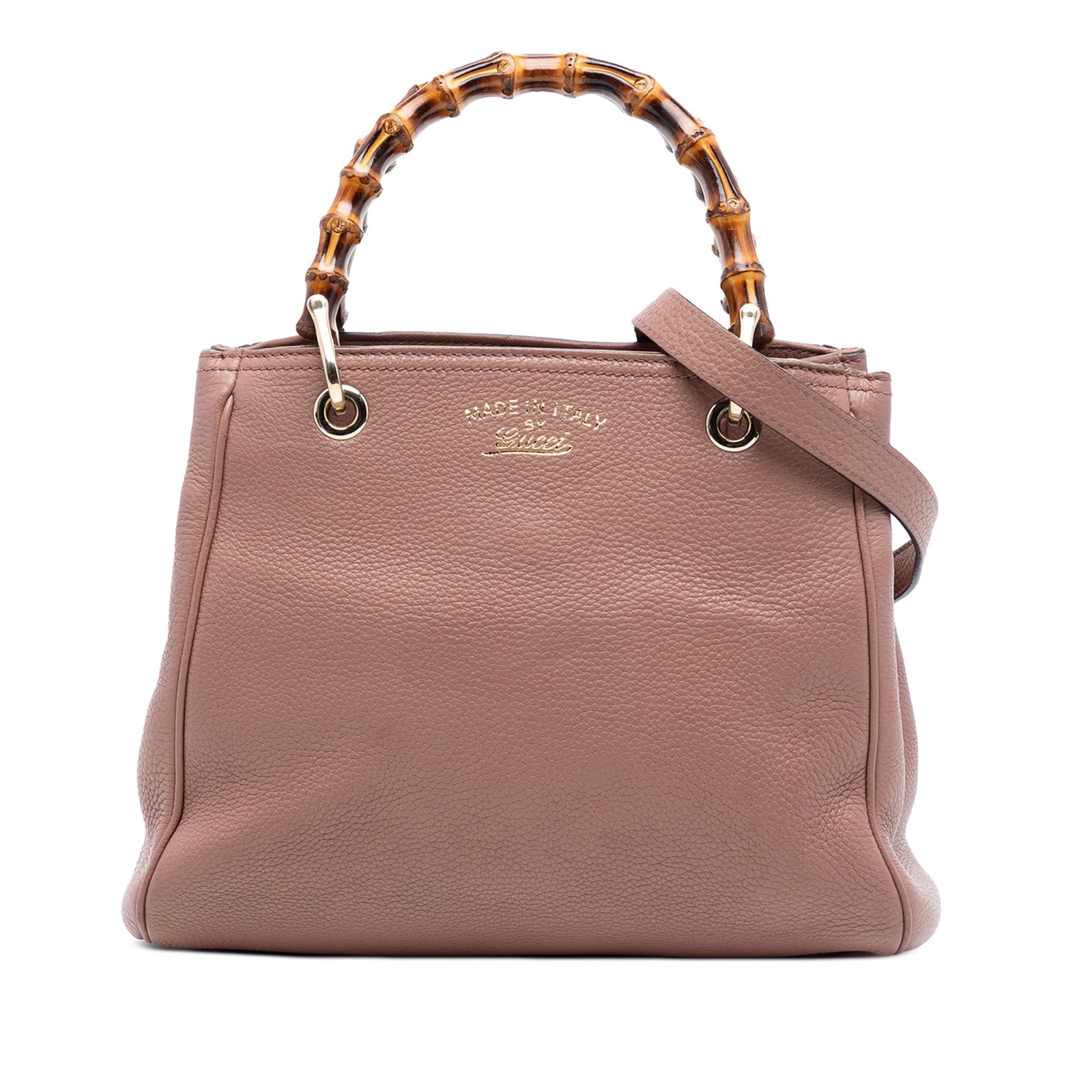 Gucci Bamboo Shopper Satchel Small Calfskin Leather Brown: Gucci Bamboo Shopper Satchel Small Calfskin Leather Brown This Gucci Small Calfskin Bamboo Shopper Satchel features a brown leather body with signature bamboo top handles and a detachable flat leather