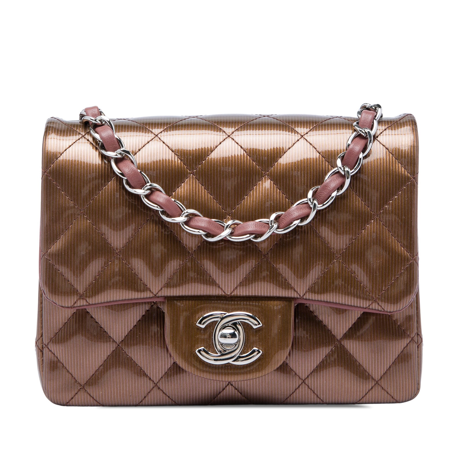 Chanel Mini Square Classic Single Flap Patent Leather Shoulder Bag: Chanel Mini Square Classic Single Flap Patent Leather Shoulder Bag Chanel Mini Square Classic Metallic Striped Patent Single Flap bag in brown patent leather. This flap bag features a quilted body, a 