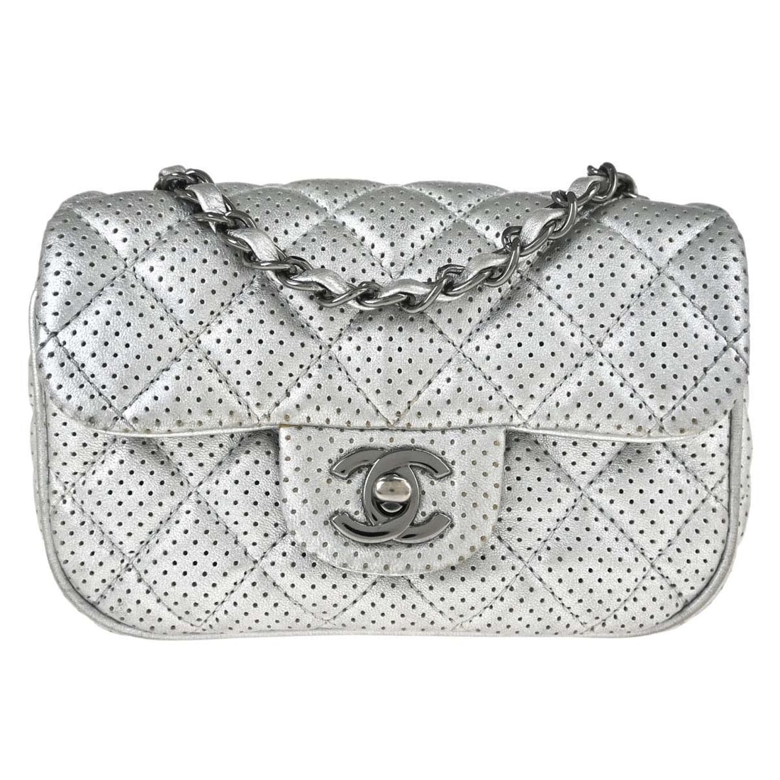 CHANEL Classic Square Flap Shoulder Bag Silver Perforated Lambskin: CHANEL Classic Square Flap Shoulder Bag Silver Perforated Lambskin Chanel Classic Square Flap shoulder bag in silver perforated lambskin with a shoulder strap and pocket storage. Made in Italy, this m