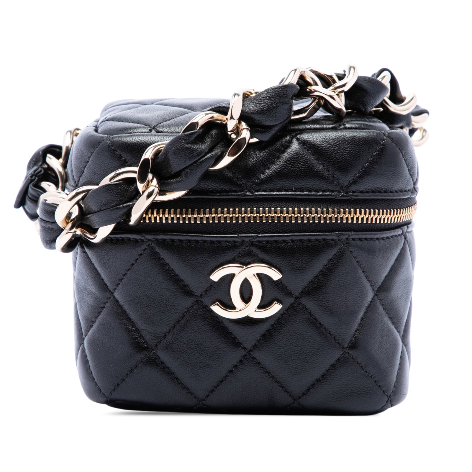 Chanel CC Cube Wristlet Vanity Case in Quilted Lambskin: Chanel CC Cube Wristlet Vanity Case in Quilted Lambskin Compact Chanel vanity case crafted in black quilted lambskin leather. This cube wristlet design features a leather-woven chain strap and a zip-a