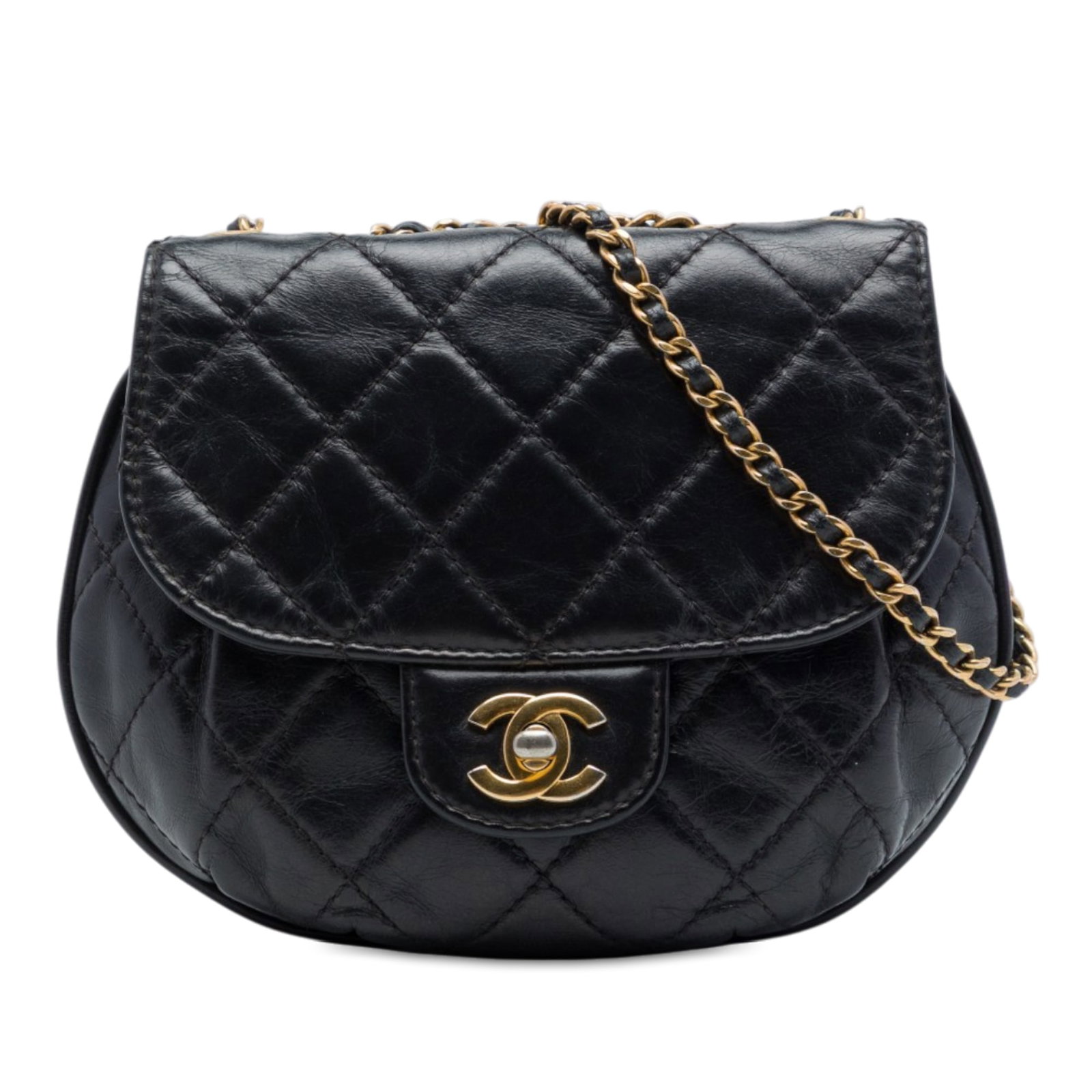 Chanel Bubble CC Flap Small Quilted Glazed Calfskin Shoulder Bag: Chanel Bubble CC Flap Small Quilted Glazed Calfskin Shoulder Bag A Chanel Small Quilted Glazed Calfskin Bubble CC Flap shoulder bag in black. It features an aged calf leather body, a leather-woven cha