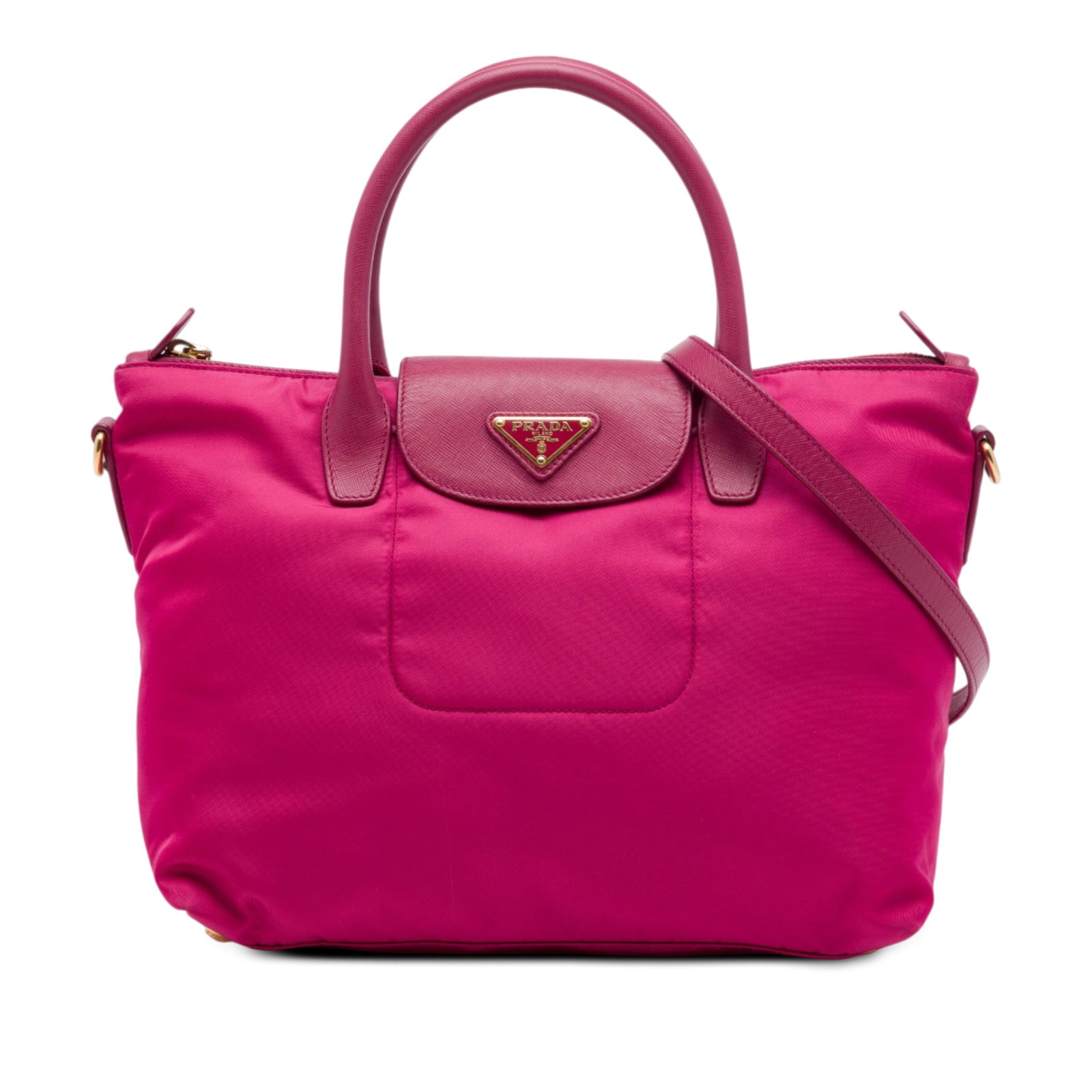 Prada Tessuto Satchel with Saffiano Trim Pink Nylon Bag: Prada Tessuto Satchel with Saffiano Trim Pink Nylon Bag Prada Tessuto satchel with Saffiano trim in pink. This bag features a nylon body, rolled leather top handles, a detachable and adjustable flat l
