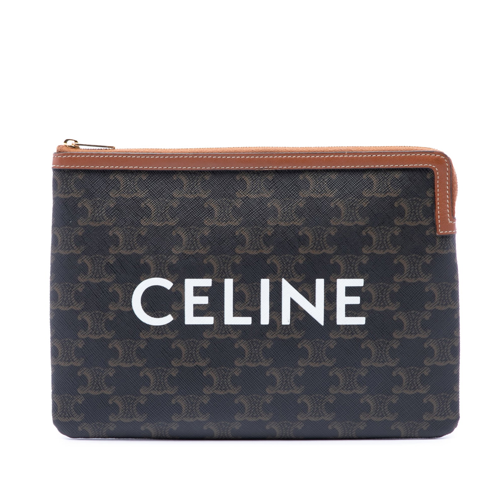 Celine Triomphe Small Clutch in Brown Coated Canvas: Celine Triomphe Small Clutch in Brown Coated Canvas A Celine Small Triomphe clutch crafted with a coated canvas body and leather trim. This zip-top clutch is made in Italy and finished in brown. Condi