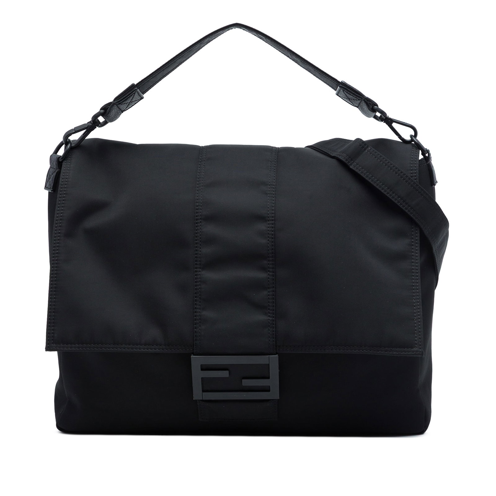 Fendi Baguette Messenger Bag in Black Nylon: Fendi Baguette Messenger Bag in Black Nylon Black Fendi Nylon Baguette Messenger Bag crafted in fabric with a front flap and magnetic snap closure. The bag includes a detachable flat top handle, an ad