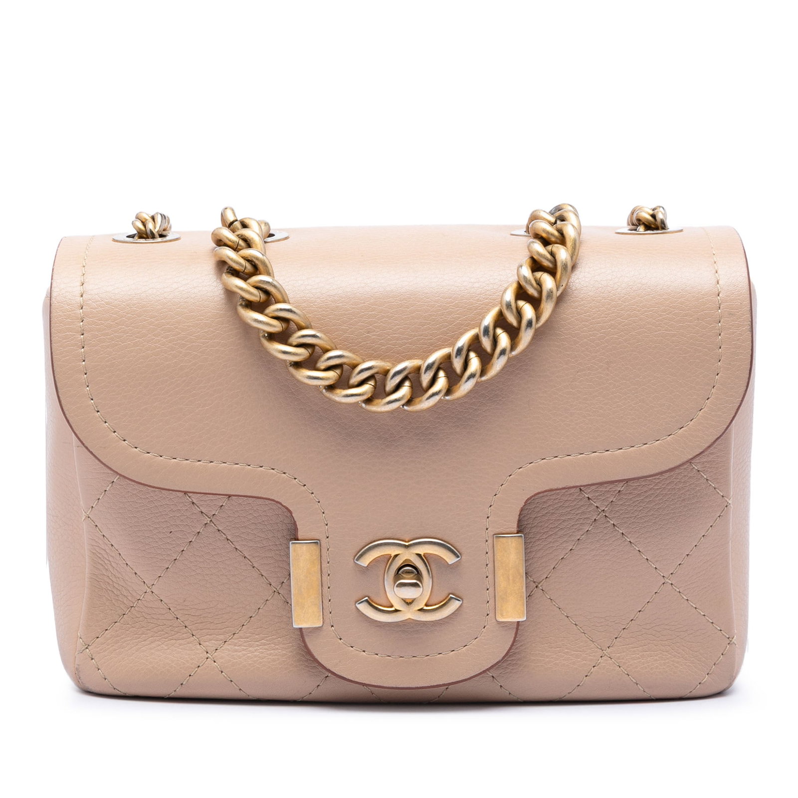 Chanel Archi Chic Flap Beige Quilted Leather Chain Bag: Chanel Archi Chic Flap Beige Quilted Leather Chain Bag This Chanel Paris-Greece Calfskin Archi Chic Flap bag features a beige quilted leather body, a chain-link handle, a chain strap with a leather sh