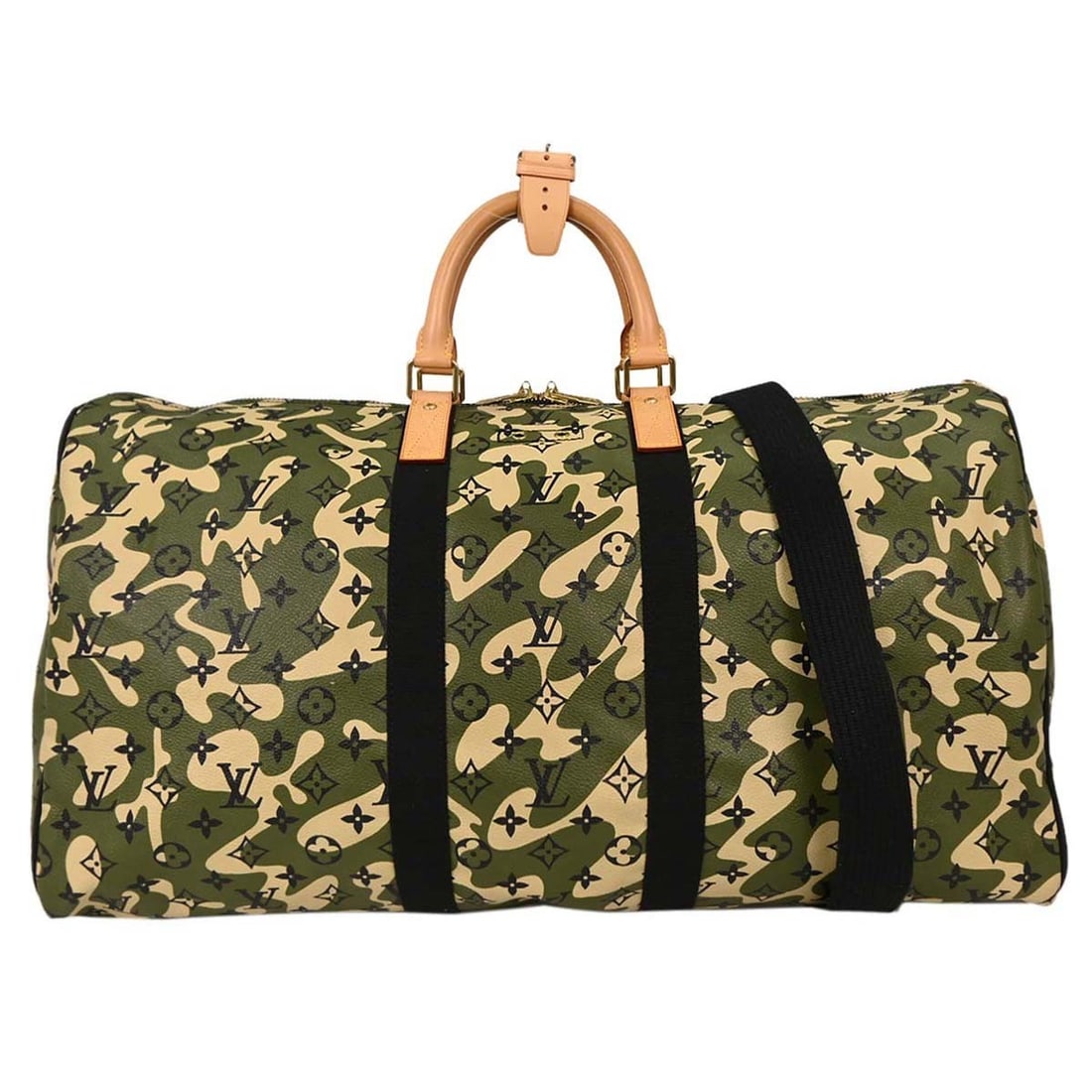Louis Vuitton Keepall Bandouliere 55 Monogramouflage Travel Bag M95774: Louis Vuitton Keepall Bandouliere 55 Monogramouflage Travel Bag M95774 Louis Vuitton Monogramouflage Keepall Bandouliere 55 handbag in green, beige, and black Monogramouflage canvas with leather trim.