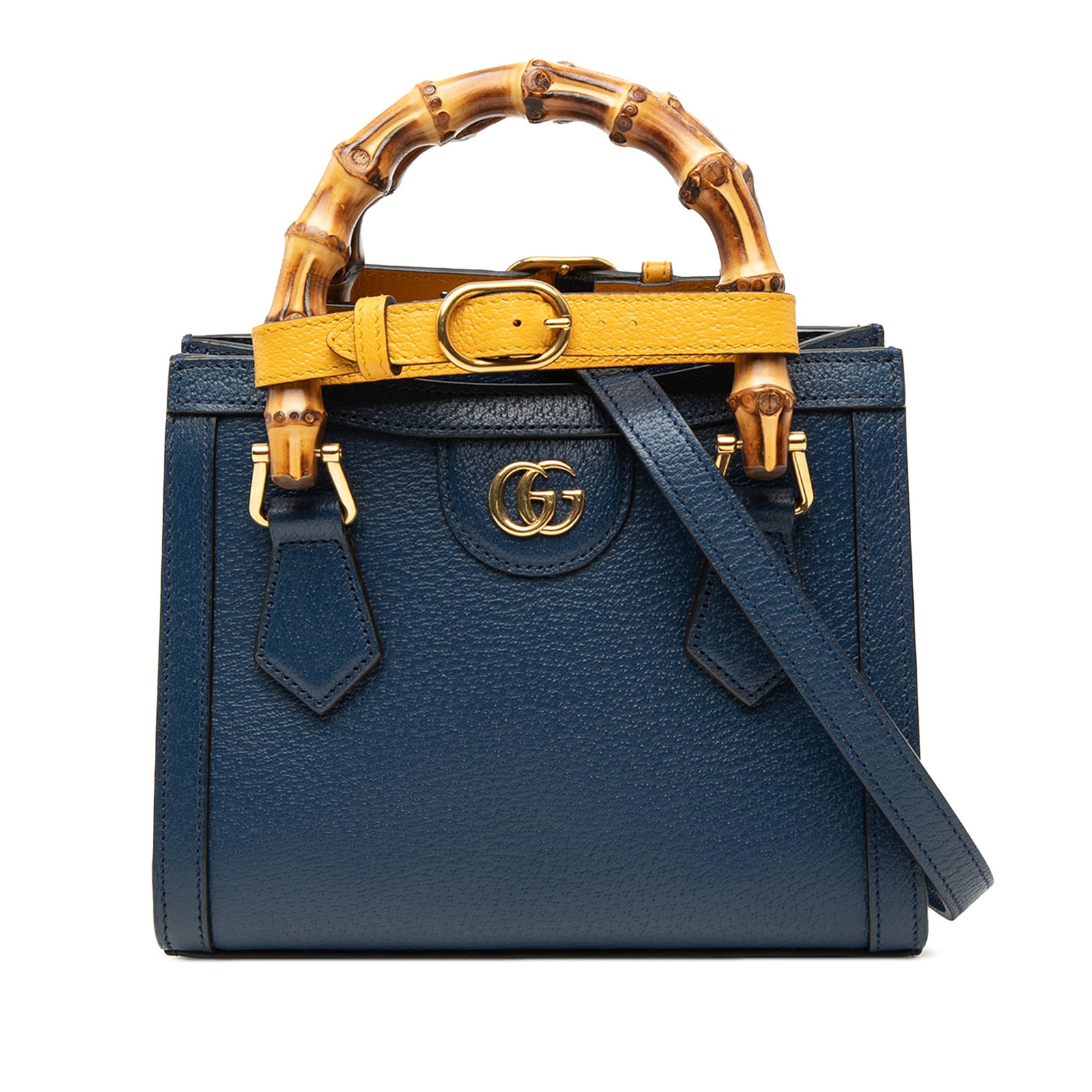Gucci Diana Small Satchel Blue Calfskin with Bamboo Handles: Gucci Diana Small Satchel Blue Calfskin with Bamboo Handles This Gucci Diana satchel is crafted in blue calfskin leather and features bamboo handles, a detachable flat strap, an open top with a magnet