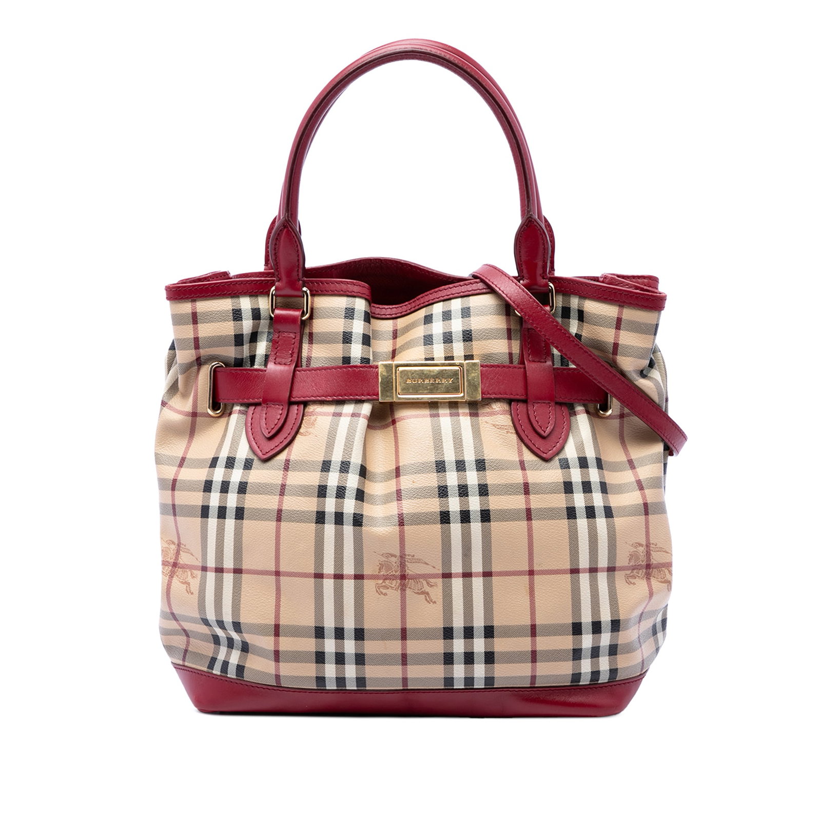 Burberry Golderton Satchel in Haymarket Check Coated Canvas: Burberry Golderton Satchel in Haymarket Check Coated Canvas This Burberry Golderton satchel is crafted in Haymarket check coated canvas with leather trim and top belt details. It features rolled leath