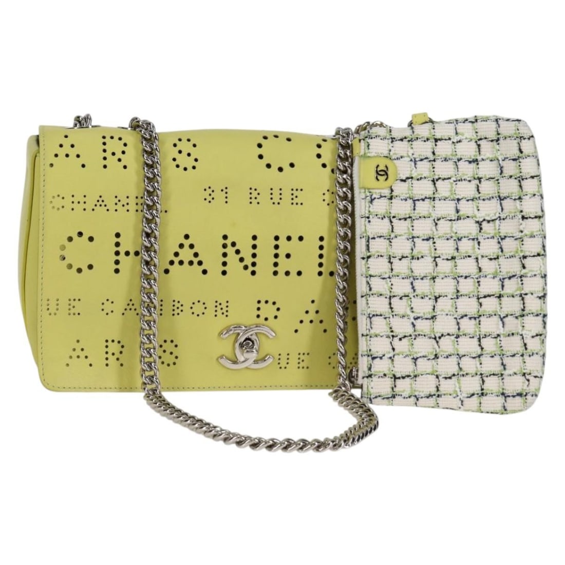 CHANEL Yellow Leather 2way Chain Shoulder Bag with Pouch: CHANEL Yellow Leather 2way Chain Shoulder Bag with Pouch Yellow leather CHANEL chain shoulder bag with a 2-way design. This women's bag is made in Italy and includes a dust bag, guarantee card, and po