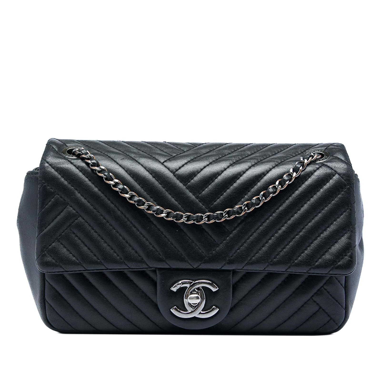 Chanel CC Crossing Flap Small Black Lambskin Shoulder Bag: Chanel CC Crossing Flap Small Black Lambskin Shoulder Bag Small Chanel CC Crossing Flap shoulder bag in black quilted lambskin leather. The bag features leather-woven chain link straps with a leather 