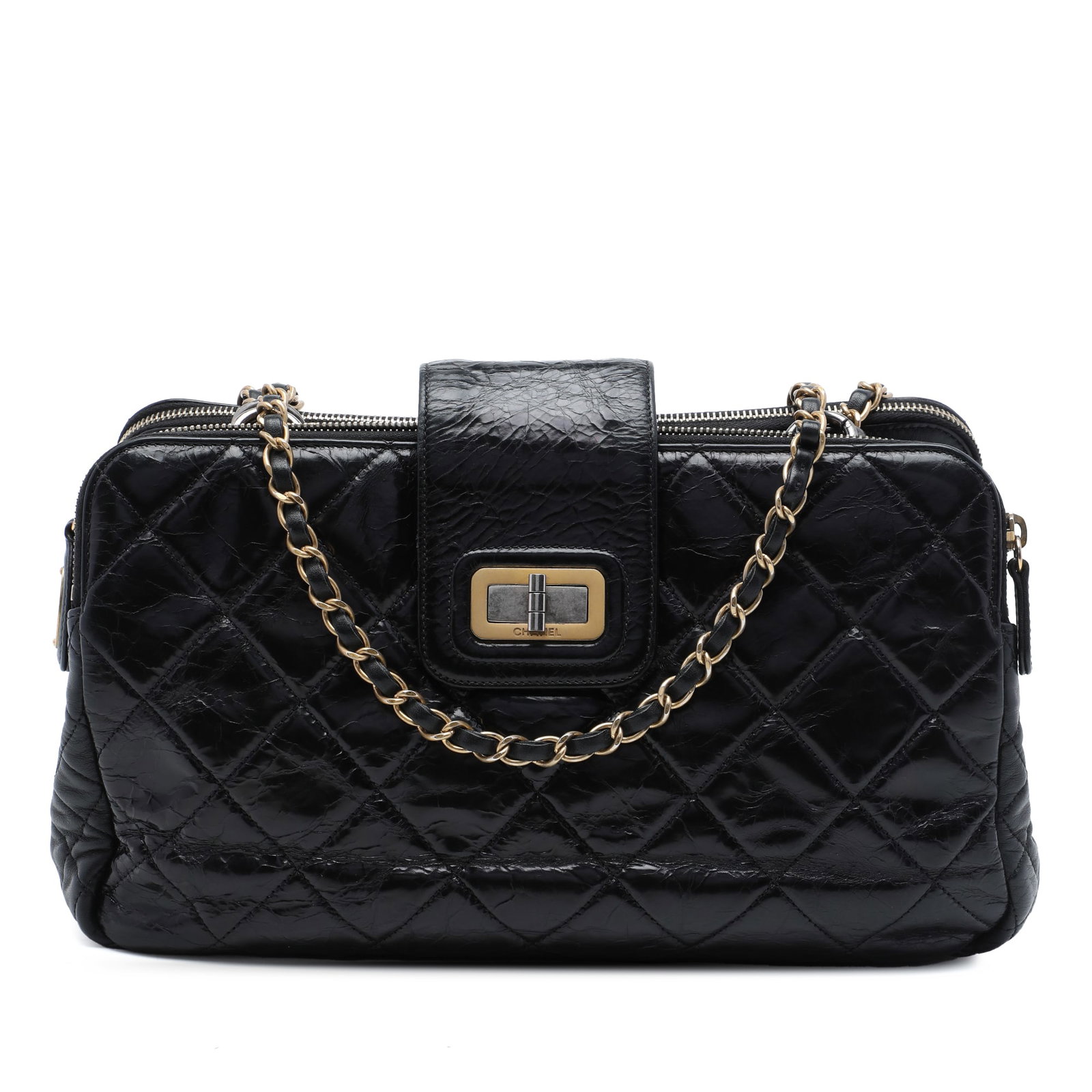 Chanel Reissue Tote in Black Glazed Crackled Calfskin: Chanel Reissue Tote in Black Glazed Crackled Calfskin A Chanel Reissue tote crafted in glazed crackled calfskin with a quilted leather body and leather-woven chain link straps. The bag features a top 