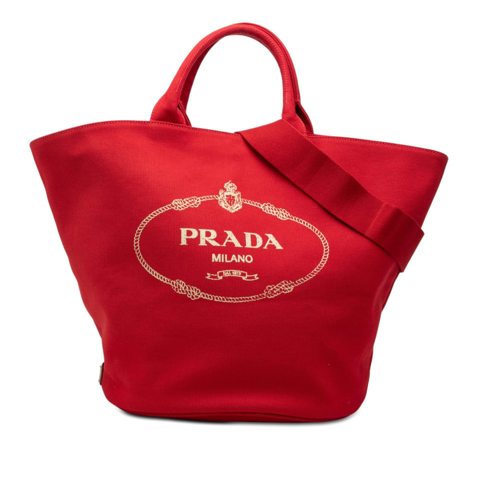 Prada Canapa Logo Tote Red Canvas Satchel with Strap: Prada Canapa Logo Tote Red Canvas Satchel with Strap Prada Canvas Canapa Logo Tote in red fabric with rolled handles, a detachable flat strap, an open top, and an interior zip pocket. Made in Italy. C
