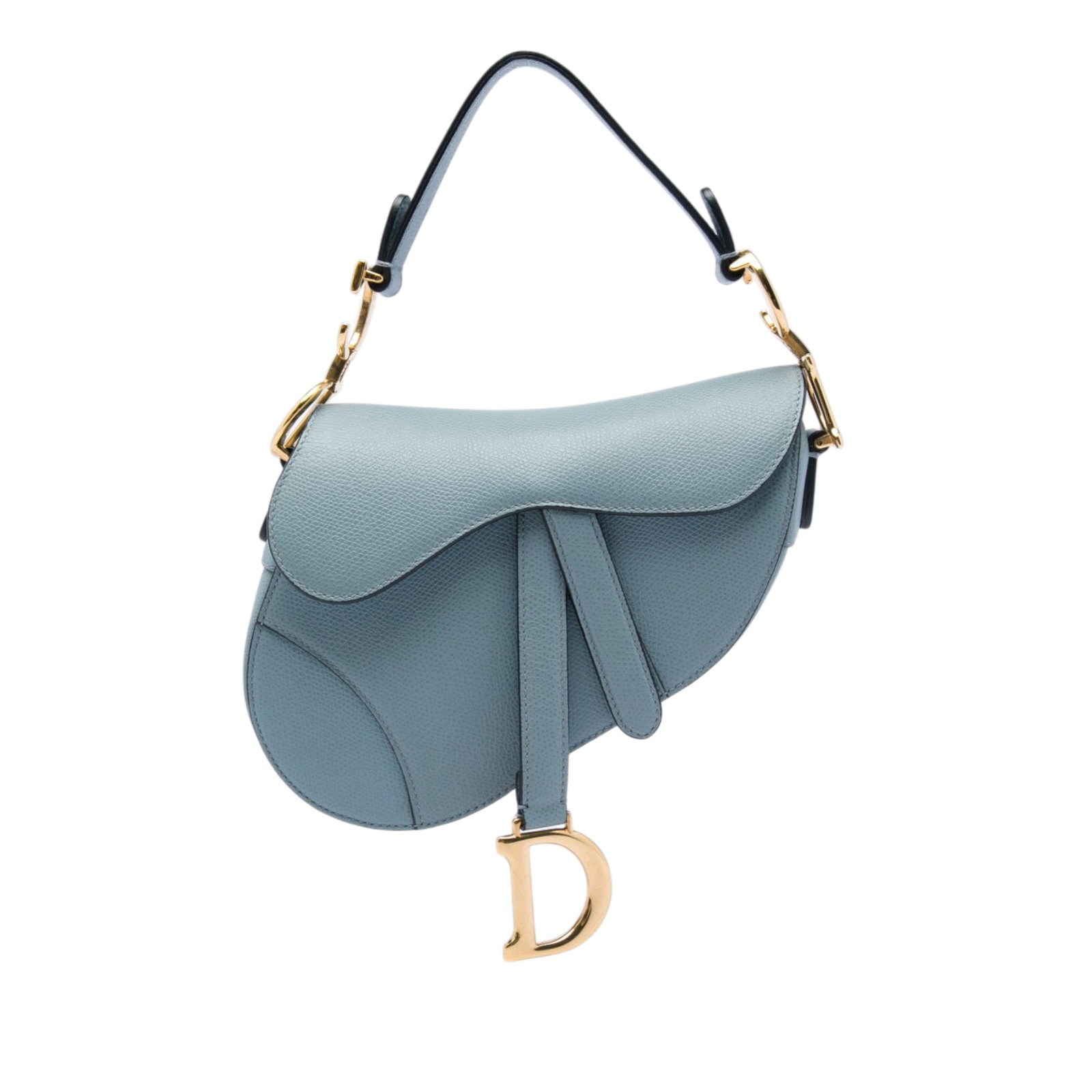 Dior Saddle Bag Mini Grained Calfskin Leather Blue: Dior Saddle Bag Mini Grained Calfskin Leather Blue A Dior Mini Saddle Bag crafted in grained leather with the signature curved silhouette. It features a flat leather shoulder strap, a front flap with 