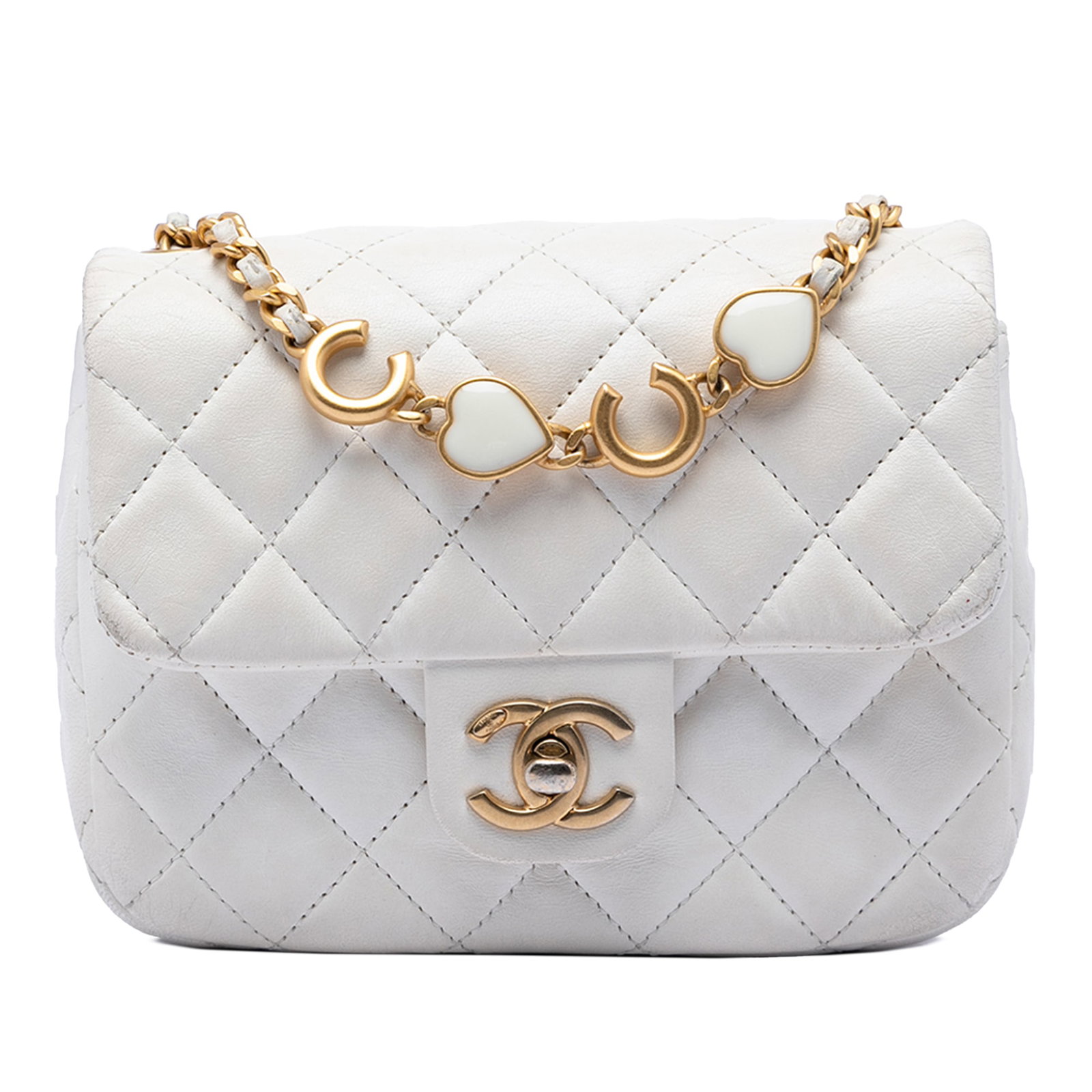 Chanel Mini Square Coco Hearts Lambskin Crossbody Flap Bag: Chanel Mini Square Coco Hearts Lambskin Crossbody Flap Bag This Chanel Mini Square Classic Lambskin Enamel Coco Hearts Single Flap bag is crafted from quilted lambskin leather in white. It features a 
