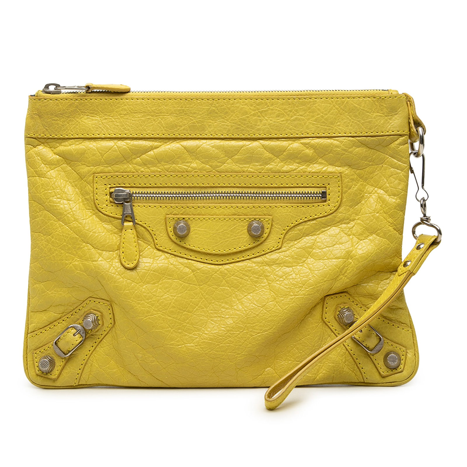 Balenciaga Giant 12 Motocross Lambskin Wristlet Clutch Yellow: Balenciaga Giant 12 Motocross Lambskin Wristlet Clutch Yellow Balenciaga Lambskin Motocross Giant 12 Clutch in yellow lambskin leather with stud detailing. This clutch features a flat leather wrist st