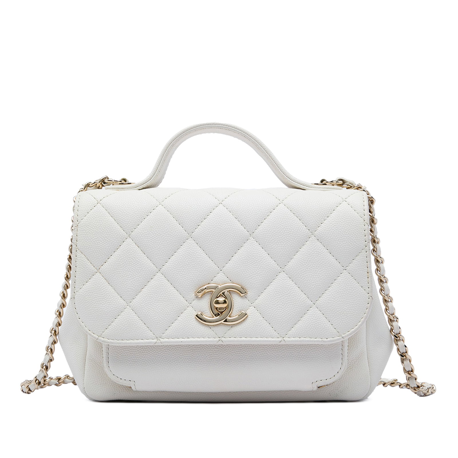 Chanel Business Affinity Small Top Handle Flap in White Caviar Leather: Chanel Business Affinity Small Top Handle Flap in White Caviar Leather A Chanel Business Affinity top handle flap bag crafted in white quilted caviar leather. This structured bag features a flat leath