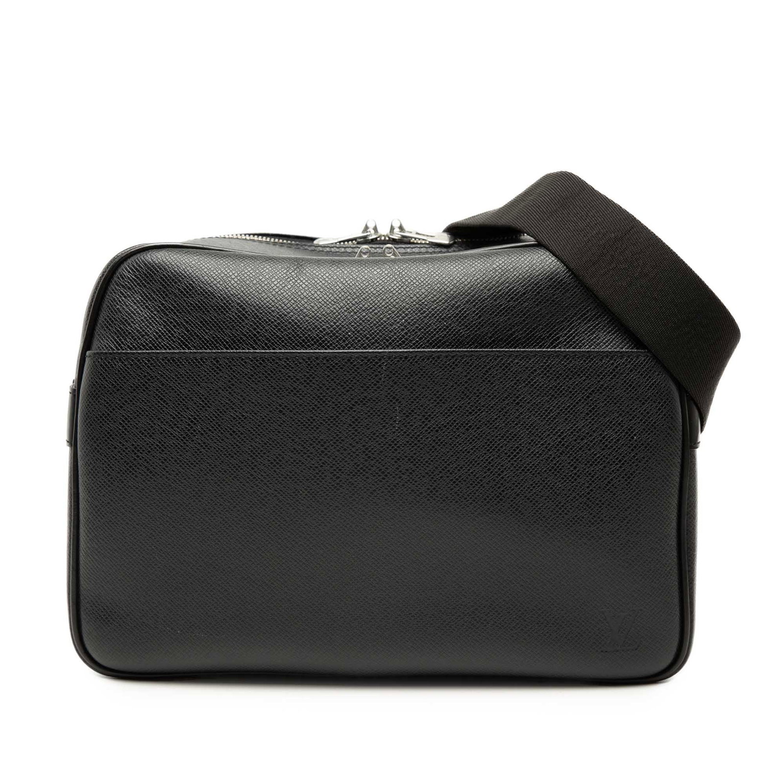 Louis Vuitton Taiga Reporter PM Leather Shoulder Bag Black: Louis Vuitton Taiga Reporter PM Leather Shoulder Bag Black Louis Vuitton Taiga Reporter PM shoulder bag crafted in black Taiga leather with a flat strap, double top zip closure, and an exterior slip p