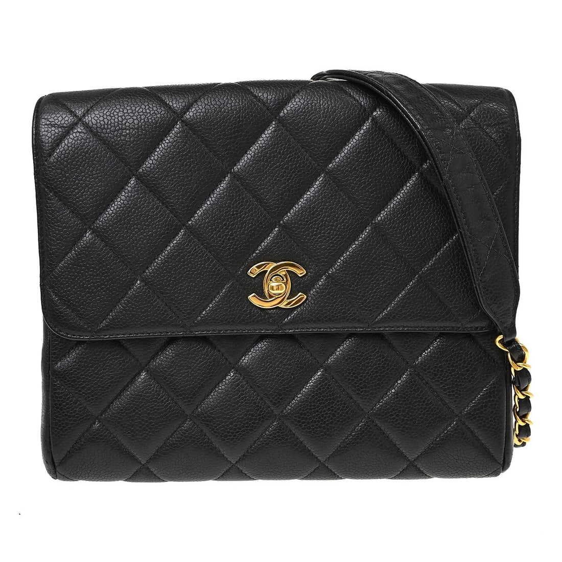 CHANEL Straight Flap Shoulder Bag Black Caviar Leather Medium: CHANEL Straight Flap Shoulder Bag Black Caviar Leather Medium Chanel straight flap shoulder bag in black caviar skin leather with a matelasse quilted finish and logo accent. This medium shoulder bag f