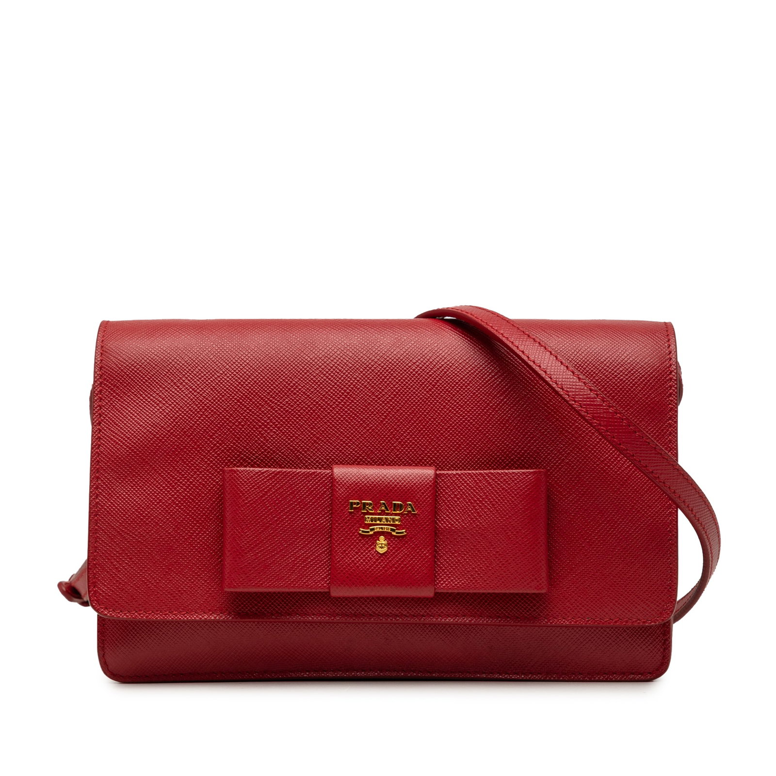 Prada Saffiano Lux Bow leather wallet on strap red: Prada Saffiano Lux Bow leather wallet on strap red Prada Saffiano Lux Bow Wallet On Strap in red saffiano leather. This wallet-on-strap design features a flat strap, a front flap with snap closures, a