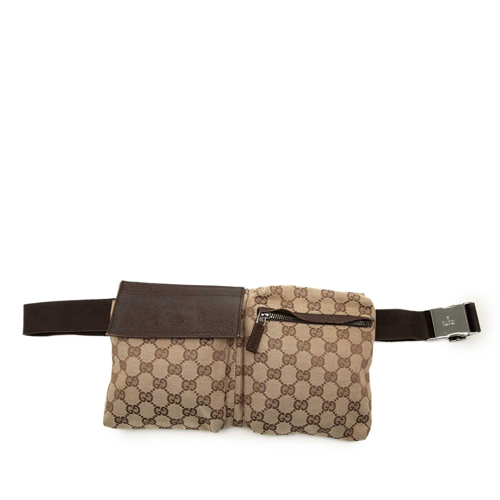 Gucci GG Canvas Waist Bag with Double Front Pockets: Gucci GG Canvas Waist Bag with Double Front Pockets Gucci GG Canvas Double Pocket Belt Bag with a canvas body and leather trim. It features an adjustable flat waist strap, exterior front flap and zip 