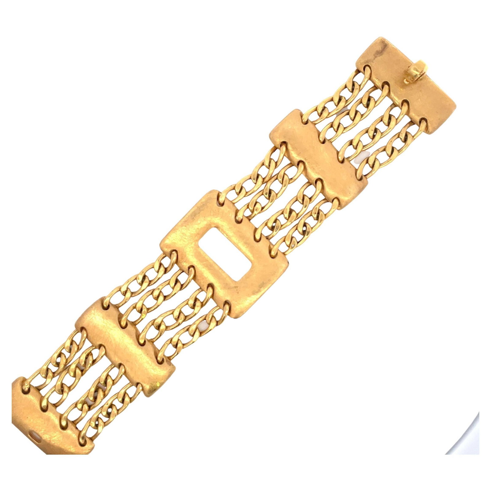 Harbor Diamonds 14K Yellow Gold Wide Four Row Link Bracelet: Harbor Diamonds 14K Yellow Gold Wide Four Row Link Bracelet This striking wide link bracelet showcases four rows of Cuban links, elegantly separated by brushed bars. Crafted from 14k yellow gold, it b
