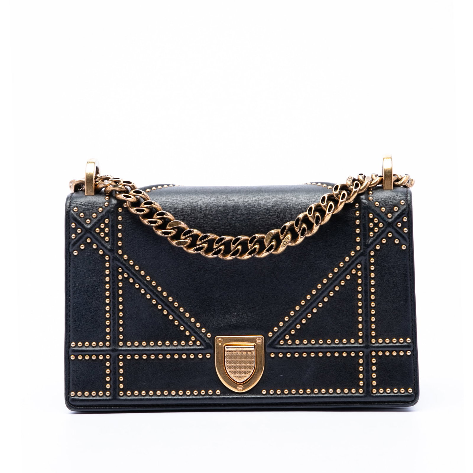 Dior Diorama Medium Flap Shoulder Bag in Black Studded Lambskin: Dior Diorama Medium Flap Shoulder Bag in Black Studded Lambskin Black Dior Medium Studded Lambskin Diorama Flap bag with a studded leather body, chain and leather shoulder strap, front flap with push 