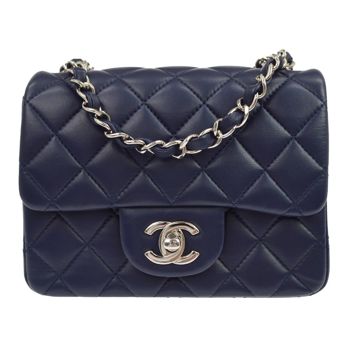 CHANEL Classic Flap Mini Square Shoulder Bag Navy Lambskin: CHANEL Classic Flap Mini Square Shoulder Bag Navy Lambskin Vintage Chanel Mini Classic Square Flap shoulder bag in navy lambskin leather with a matelasse quilted finish. This small bag features a flap