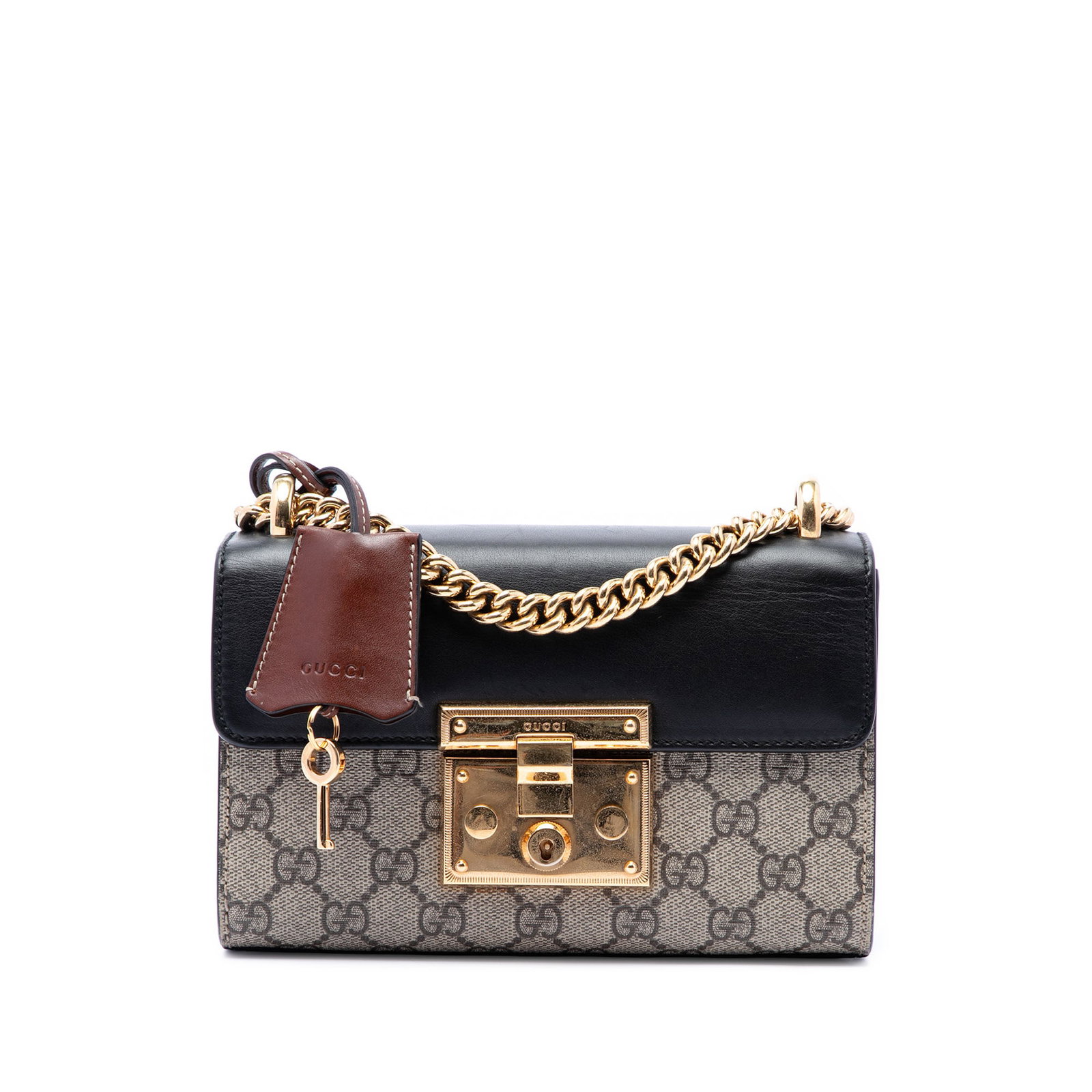 Gucci Padlock Small GG Supreme Crossbody Bag Beige: Gucci Padlock Small GG Supreme Crossbody Bag Beige Gucci Small GG Supreme Padlock Crossbody bag crafted with a coated canvas body and chain link strap. The design features a front flap with S-lock clo