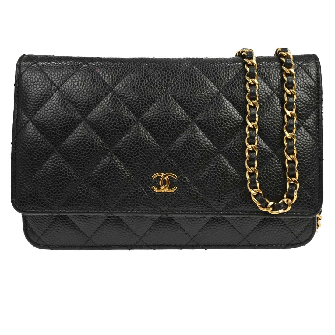 CHANEL Classic WOC Wallet on Chain Black Caviar Leather: CHANEL Classic WOC Wallet on Chain Black Caviar Leather Chanel Classic WOC wallet on chain shoulder bag in black caviar skin leather. This folding wallet style features a chain shoulder strap, one ext