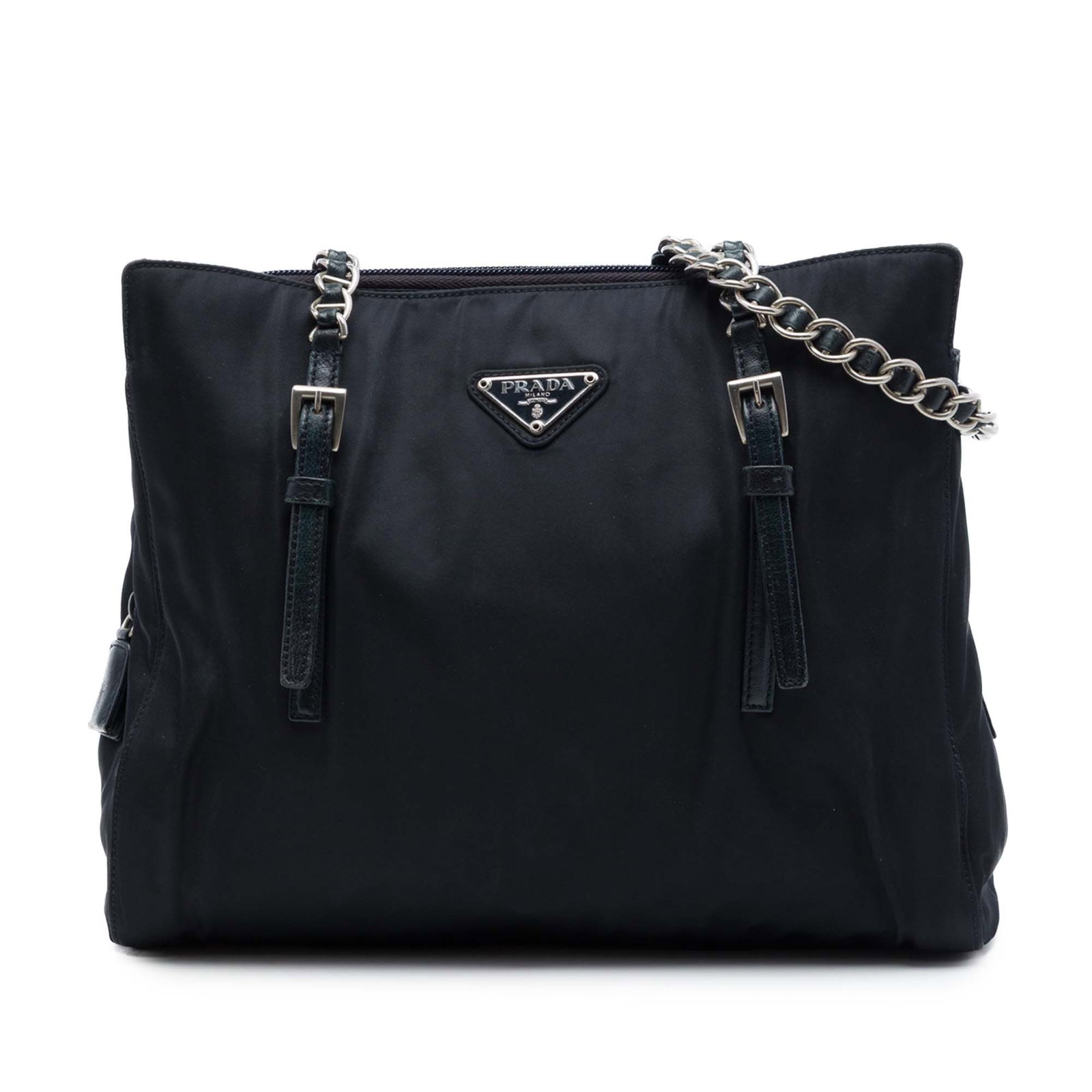 Prada Tessuto Black Nylon Tote with Chain Straps: Prada Tessuto Black Nylon Tote with Chain Straps Prada Tessuto Chain Tote in black with a nylon body and leather-woven chain straps with a leather guard. The bag features an open top, an interior zip 