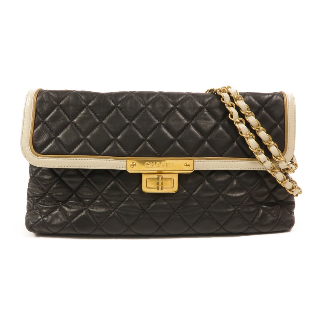 CHANEL 2.55 East West Shoulder Bag Black Calfskin Mademoiselle Chain: CHANEL 2.55 East West Shoulder Bag Black Calfskin Mademoiselle Chain Chanel 2.55 East West Mademoiselle chain shoulder bag in black and cream calfskin with CC turn-lock closure and an interior zip poc