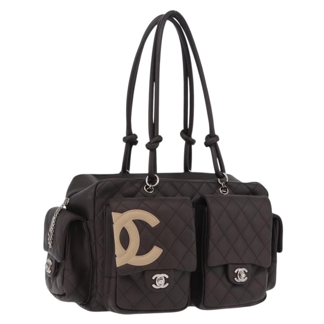 CHANEL Cambon Line Matelasse Leather Handbag Brown Silver Repainted: CHANEL Cambon Line Matelasse Leather Handbag Brown Silver Repainted Chanel Cambon Line Matelasse hand bag in brown and silver leather. This women's bag includes a dust bag and guarantee card. It has b