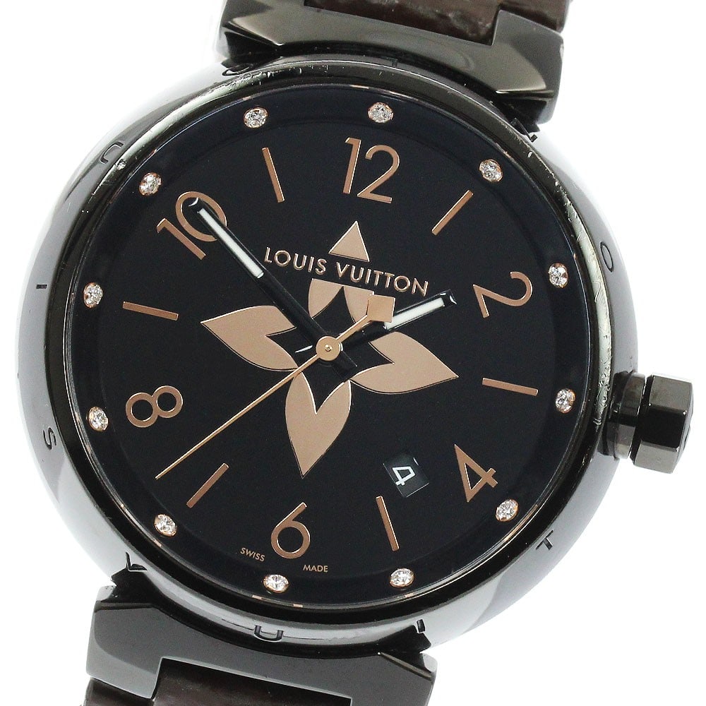 Louis Vuitton Tambour All Black GM QA049 men's quartz date watch: Louis Vuitton Tambour All Black GM QA049 men's quartz date watch Louis Vuitton Tambour All Black GM men's wristwatch with a black dial, quartz movement, and date function. This Swiss-made watch includ