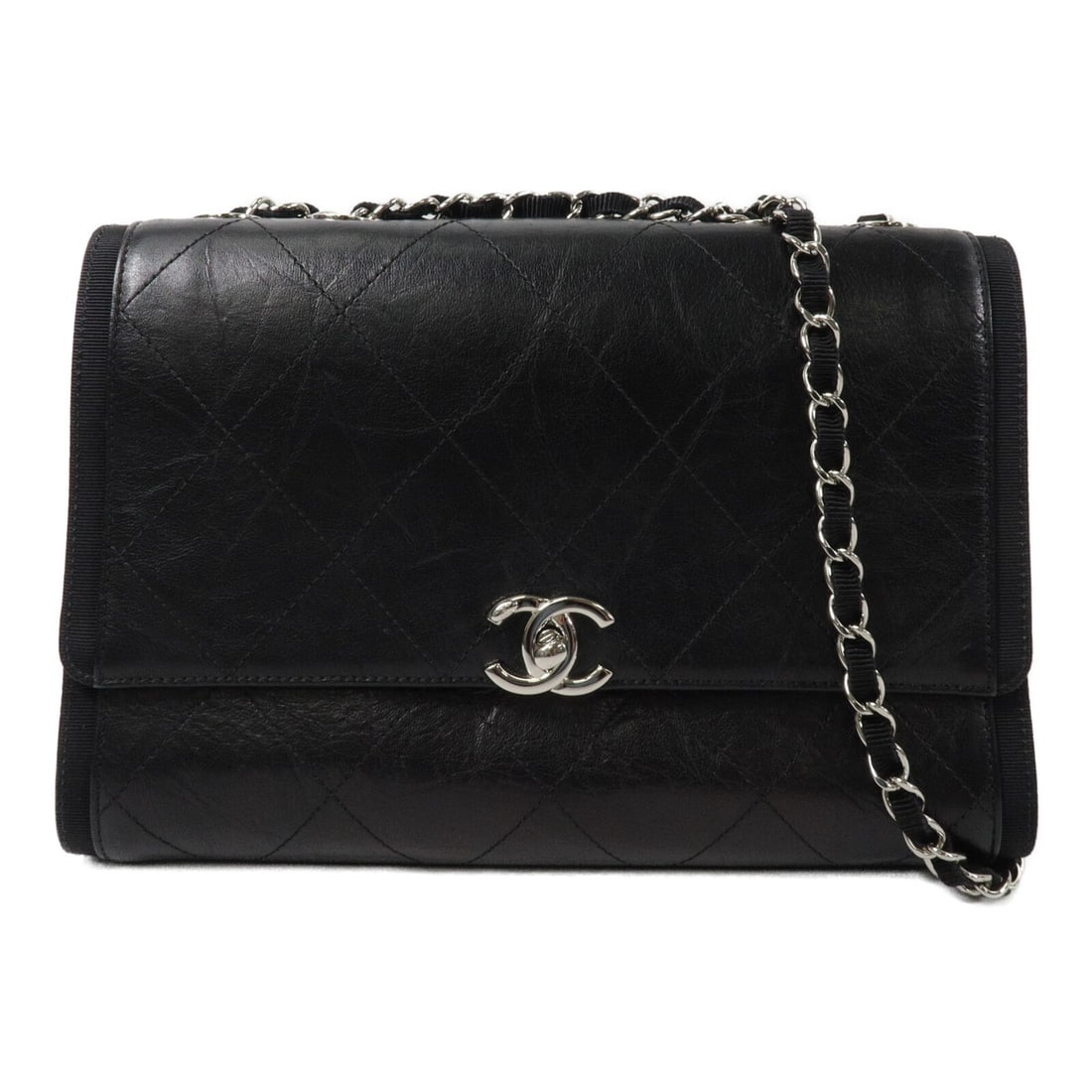 CHANEL Crumpled Flap Shoulder Bag Black Calfskin Chain Strap (1 of 13)