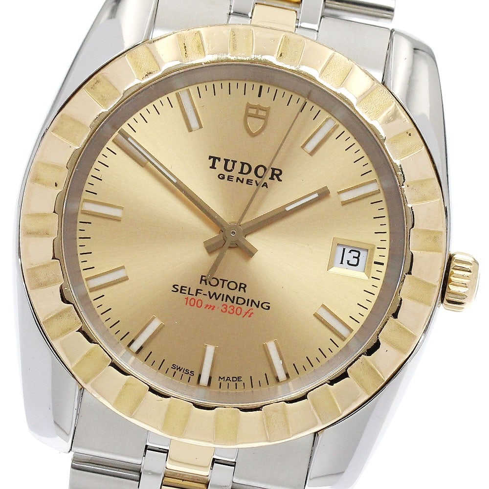 TUDOR Classic Date 21013 mens automatic wristwatch: TUDOR Classic Date 21013 mens automatic wristwatch TUDOR Classic Date automatic men's wristwatch with a gold dial and date display. The watch shows light scratches and small dents on the case and beze