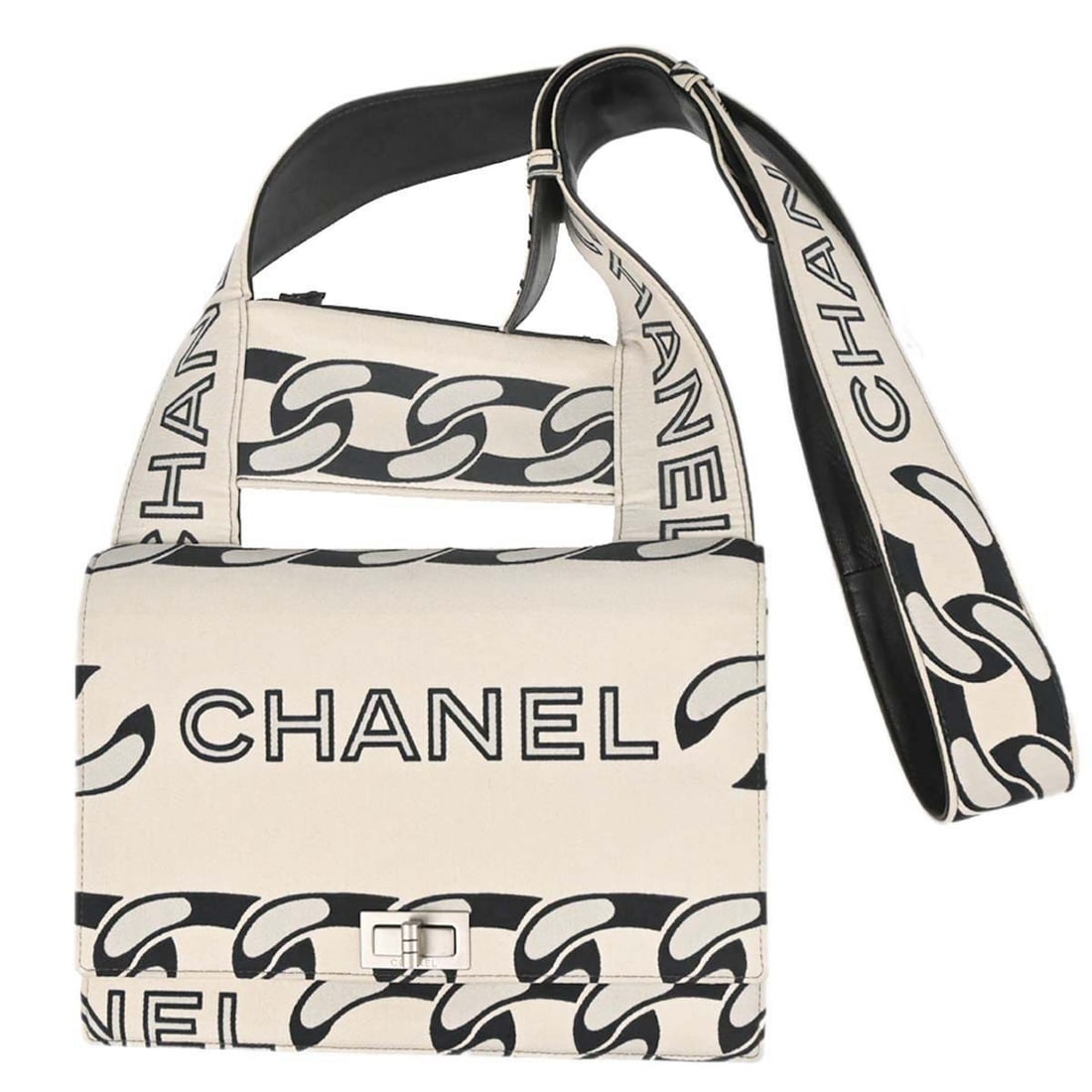 CHANEL Mademoiselle Lock Shoulder Bag Beige Black Canvas: CHANEL Mademoiselle Lock Shoulder Bag Beige Black Canvas Chanel Mademoiselle Lock shoulder bag in beige and black with a graphic logo design. This medium shoulder bag features a quilted matelasse fini