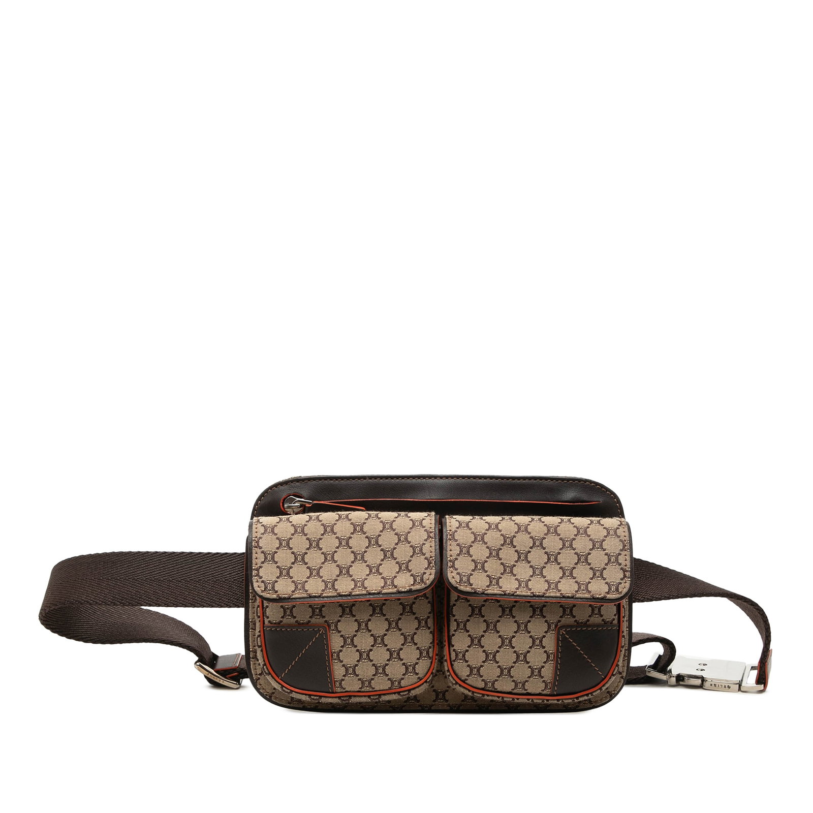Celine Macadam Belt Bag in Beige Canvas with Double Front Pockets: Celine Macadam Belt Bag in Beige Canvas with Double Front Pockets Celine Macadam Canvas Double Pocket Belt Bag in beige canvas with leather trim. The design features a flat waist strap, two exterior f