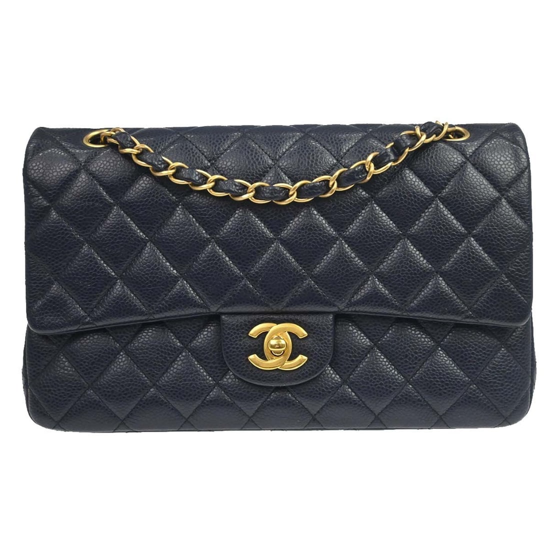 CHANEL Classic Double Flap Medium Shoulder Bag Navy Caviar Leather: CHANEL Classic Double Flap Medium Shoulder Bag Navy Caviar Leather Medium Chanel Classic Double Flap shoulder bag in navy caviar skin leather with matelasse quilting and a turnlock closure. This women