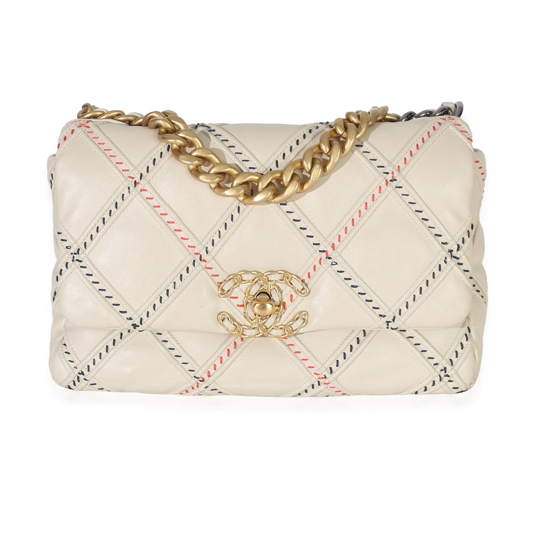 Chanel 19 Flap Bag Medium Beige Quilted Leather Shoulder Bag: Chanel 19 Flap Bag Medium Beige Quilted Leather Shoulder Bag Chanel 19 Flap Bag in beige quilted lambskin with mixed fibers construction. This medium shoulder bag features a turnlock closure, beige fa