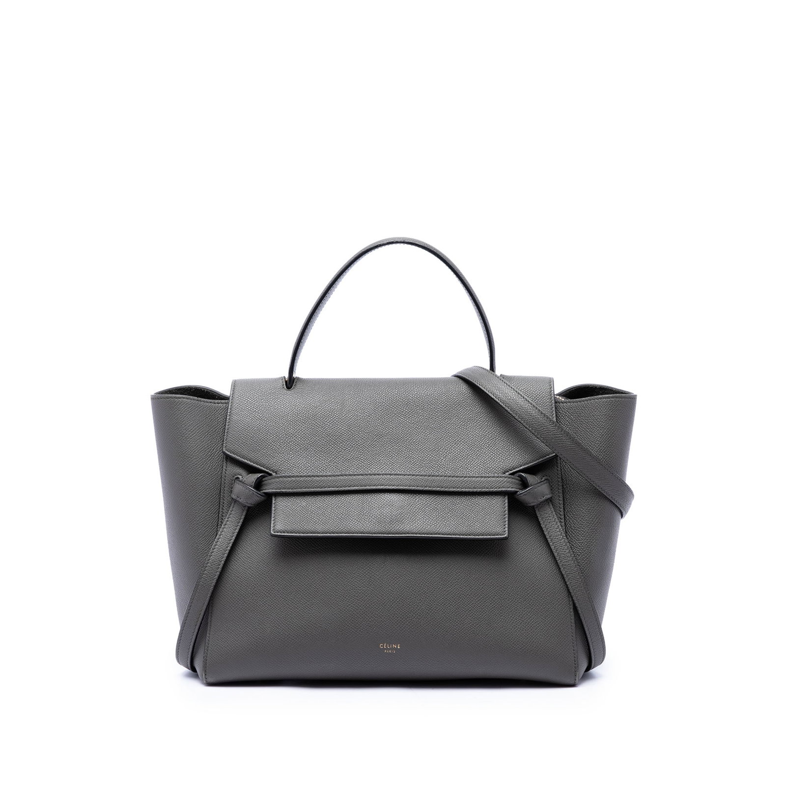 Celine Mini Belt Bag in Gray Grained Calfskin Leather: Celine Mini Belt Bag in Gray Grained Calfskin Leather Celine Mini Grained Calfskin Belt Bag in gray leather with a structured silhouette and versatile carry options. It features a flat top handle, a d