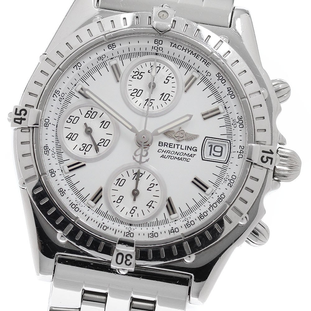 Breitling Chronomat A13050.1 automatic chronograph mens wristwatch: Breitling Chronomat A13050.1 automatic chronograph mens wristwatch Breitling Chronomat automatic chronograph men's wristwatch with a white dial, stainless steel case, and stainless steel bracelet. Fea