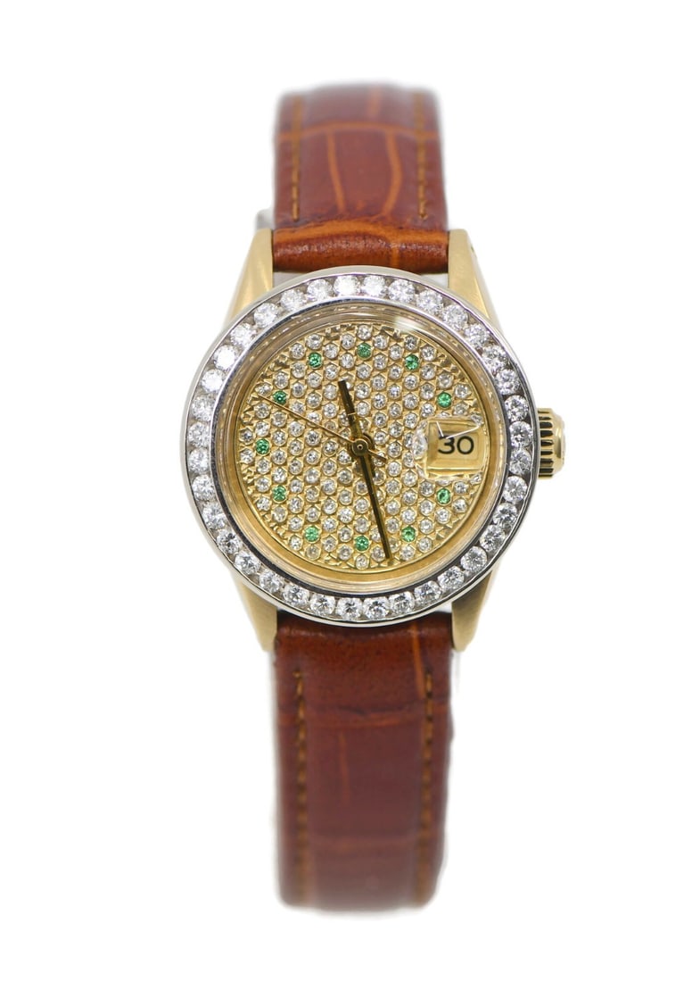 Rolex Datejust 69178 womens 18K yellow gold diamond wristwatch: Rolex Datejust 69178 womens 18K yellow gold diamond wristwatch Pre-owned Rolex Datejust women's wristwatch with an analog display, featuring a diamond dial and diamond bezel. This customized watch is 